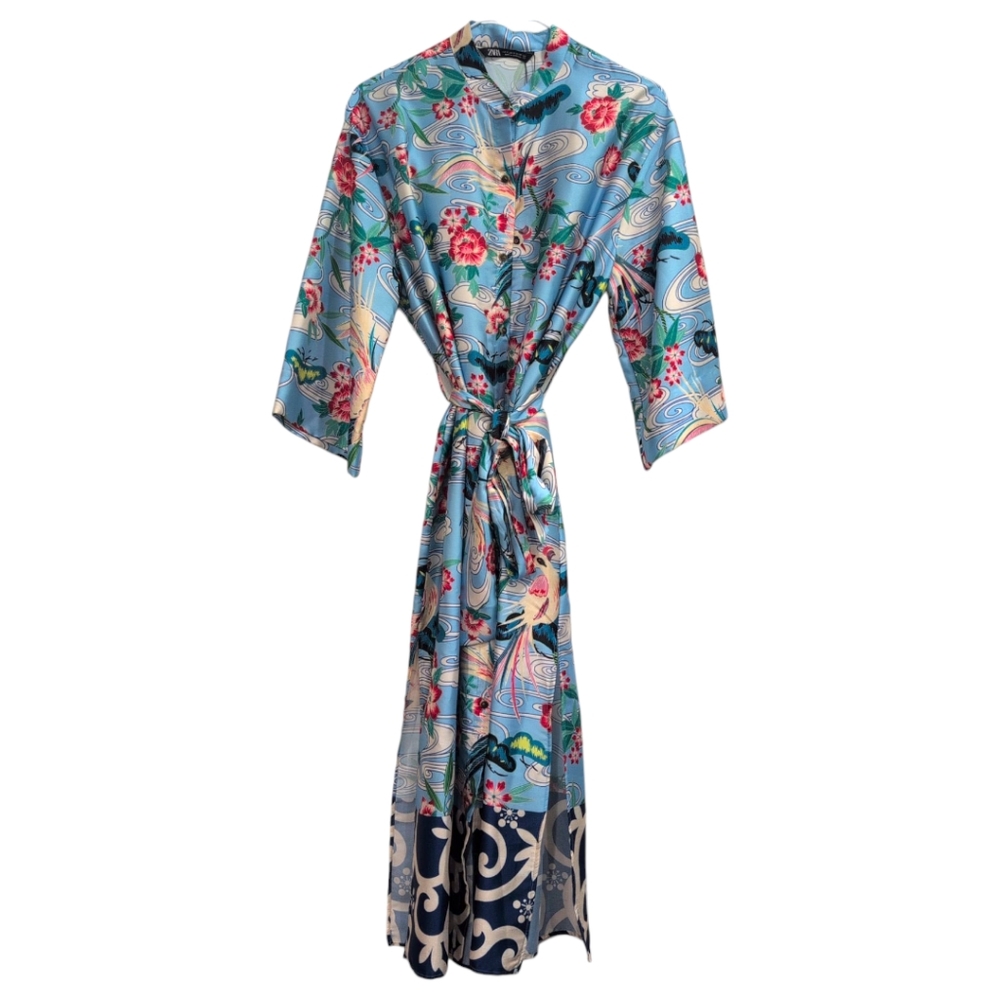 NWT Zara Women's Printed Kimono Blue Shirt Dress With Belt Medium - Picture 3 of 7